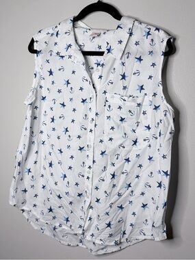 SO White Sleeveless Button-Down Shirt with Navy Star & Anchor Print